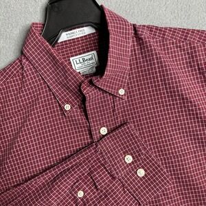 LLBean Mens Tall Button Down Shirt Burgundy White Check Wrinkle Free M Tall
